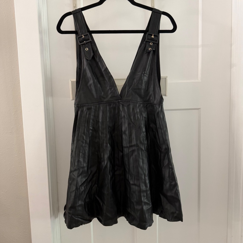 Zara Black Faux Leather Pleated Pinafore Dress Buckle Straps Small Grunge Edgy